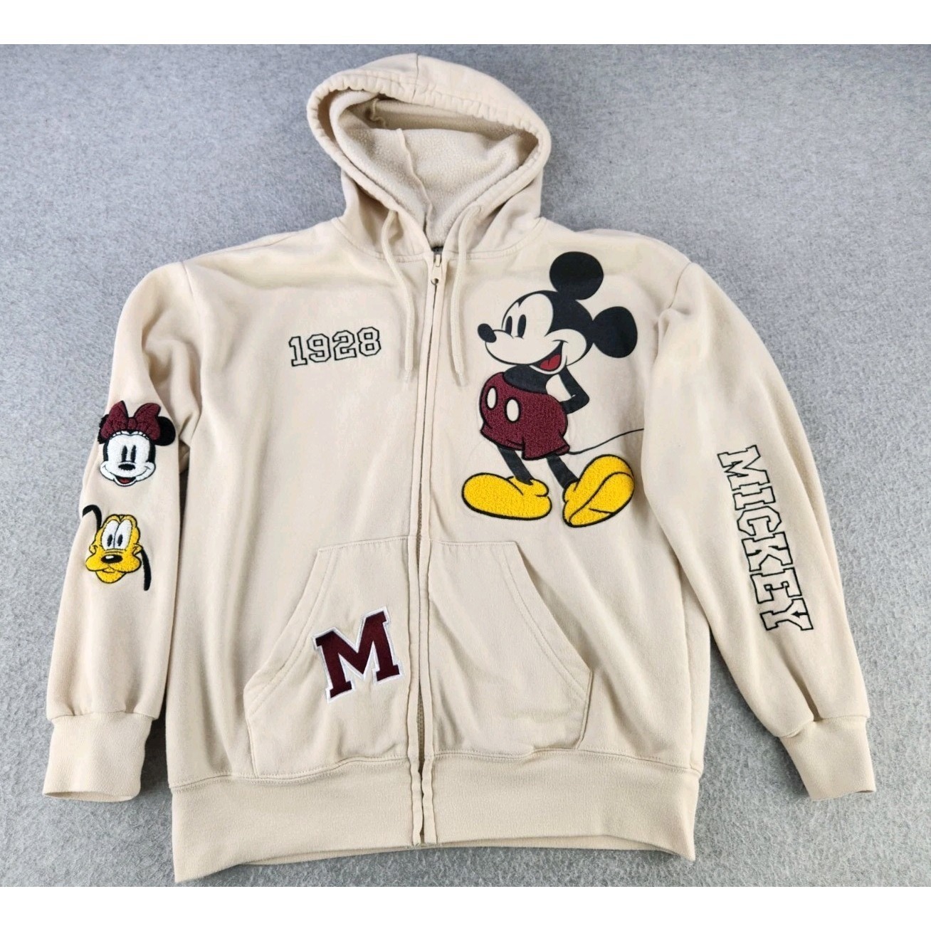 Disney Mickey Mouse Women's Small Full Zip Sweatshirt Hoodie Chenille Patches